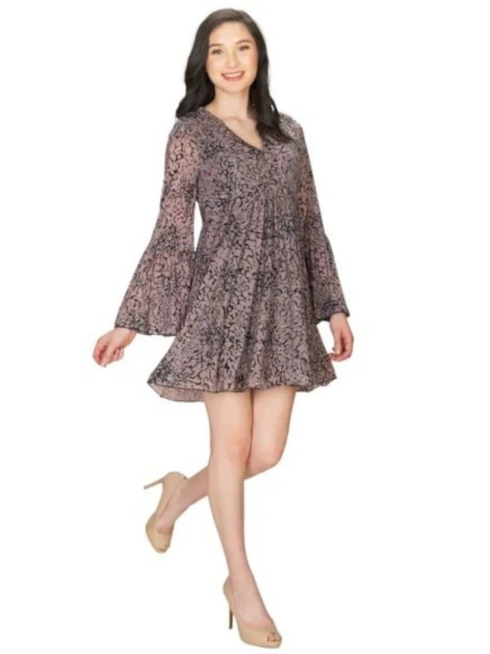 Papillon Burnout Velvet Damask Bell Sleeve Goth Tunic Dress Pink Black
